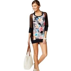 COCO REEF | sz S Women's Black Floral Sheer Panel Dolman 3/4 Sleeve Swim Coverup